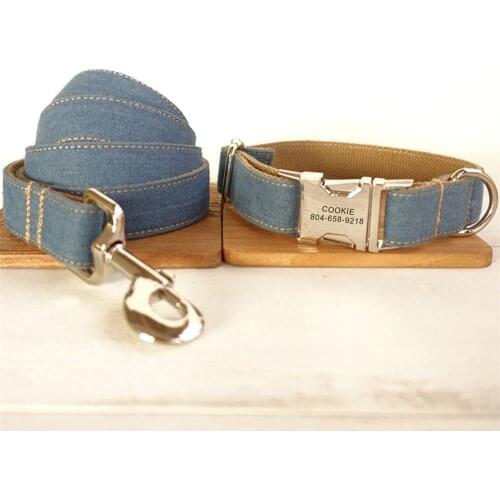 Personalized Pet Collar Customized Nameplate ID Tag Adjustable Free Engraving Brown Jean Fiber Cat Dog Collars Lead Leash Set