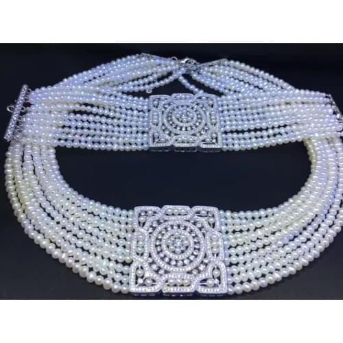 Classic natural fresh water pearl choker necklace and bracelet jewelry set 34CM adjustable wedding necklace 925 sterling silver