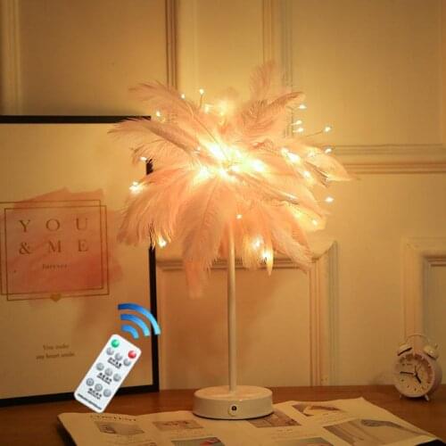 Creative Feather Table Lamp with Remote Control USB/AA Battery Power Desk Lamp Wedding Home Bedroom Decor Night Light