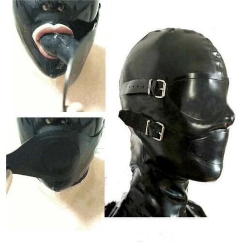 Handmade Black Unisex Latex Hood with Eyes Mouth Cover Plug Gag Attached to Mouth Piece