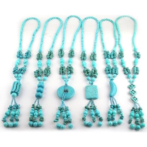 Fashion Bohemian Tribal Artisan Jewelry Blue Stones Round Circle Rectangle Moon Charm Bead Tassel Necklace 6 design available