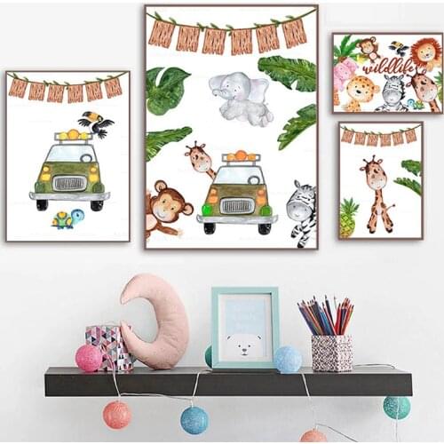 Cartoon Animals Car Nursery Poster Print Leaf Lion Zebra Giraffe Elephant Wall Art Tour Canvas Painting Decoration Kids Bedroom
