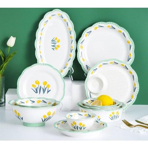Ceramic Bowl Set Household Kitchen Tableware Rice Bowl Plate Set Chinese Tulip Ceramic Dessert Plate Noodle Bowl