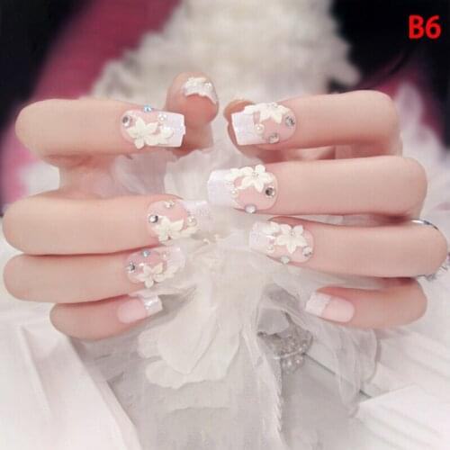 24pcs/Set Fake Nails With Glue Wedding Bride Full Nail Tips Middle-Long French Beauty Nail Arts For Women Girls Wedding Party