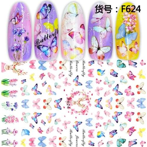 1pcs 3D Butterfly Nail Stickers Adhesive Sliders Colorful Flowers Leaves Rose Lip Nail Transfer Decals Foils Wraps Decorations