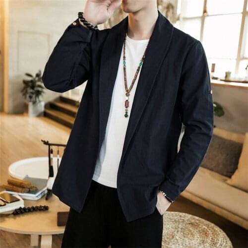 Autumn Men Kimono Open Linen Jackets Solid Outerwear Thin Coats Loose Casual Male Long Sleeve Retro Loose Overcoats
