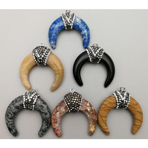 Fashion natural mixed stone ox horn shape pendants charms for jewelry making 6pcs/lot Wholesale free shipping