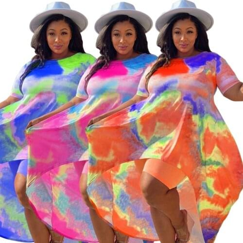 Plus Size Shots Sets Women Summer Holiday Two Piece Suits Tie Dye Long Style Top Short Leggings Outfits Wholesale Dropshipping