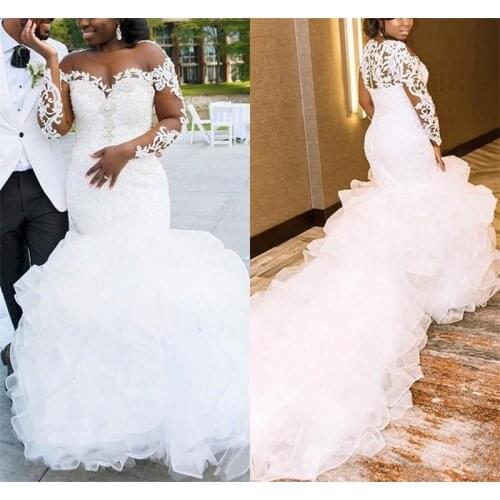 Plus Size Wedding Dresses Long Sleeves Mermaid Bridal Gowns Applique Lace Beaded Sheer Neckline Ruffles vestido de novia