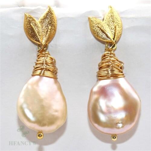 15-17mm Pink Baroque Pearl Earrings Leaf Ear Stud Real Earbob Flawless Accessories Cultured Natural AAA Party