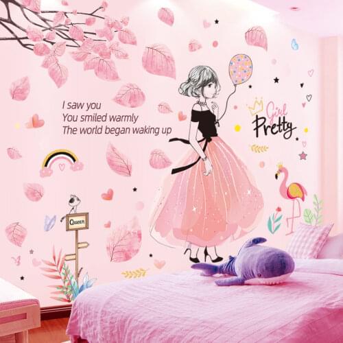 [shijuekongjian] Pink Tree Leaves Wall Stickers DIY Cartoon Girl Wall Decals for Kids Bedroom Living Room House Decoration