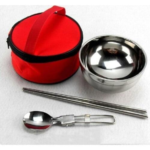 Mounchain Outdoor Stainless Steel Tableware Set Spoon Chopsticks Double Insulated Bowl with Portable Bag