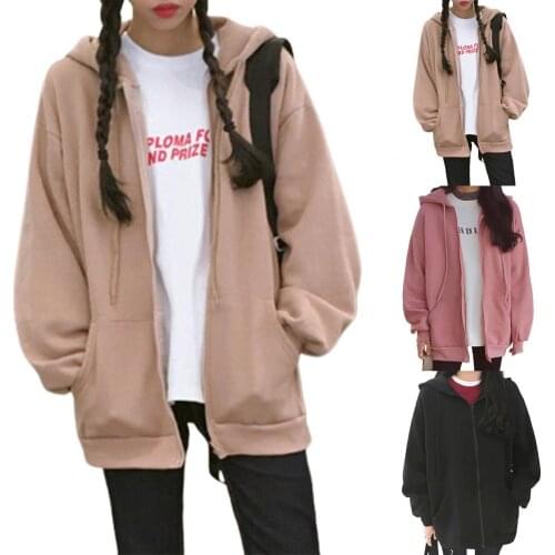 Thin Texture Women Hoodie Solid Color Solid Color Drawstring Hooded Coat for Winter Front Opening Zipper Ladies Hoodie