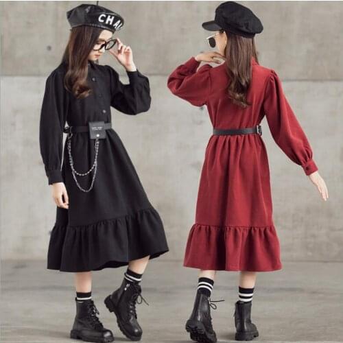 2021 Spring Kids Girls Dresses And Bag Black Red Long Sleeve Princess Dress Fashion Elegant Children Clothes Teen Girls