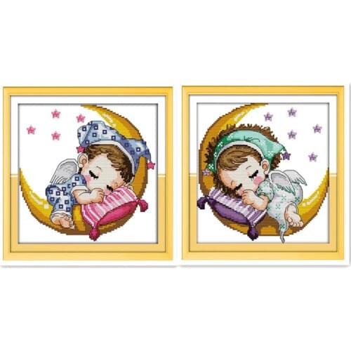 Moon baby sleeping boy girl handmade embroidery Cross stitch pattern printed on embroidered cloth Cartoon figure