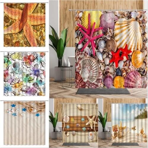 Red Starfish Shell Conch Bathroom Shower Curtain Originality Beach Sea Scenery Bath Screen Waterproof Cloth Printed Curtains Set
