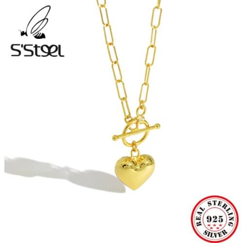 SSTEEL Korean Necklaces 925 Sterling Silver For Women Simple Heart-shaped Chain Pendants Necklace Cadena Plata 925 Para Jewelry