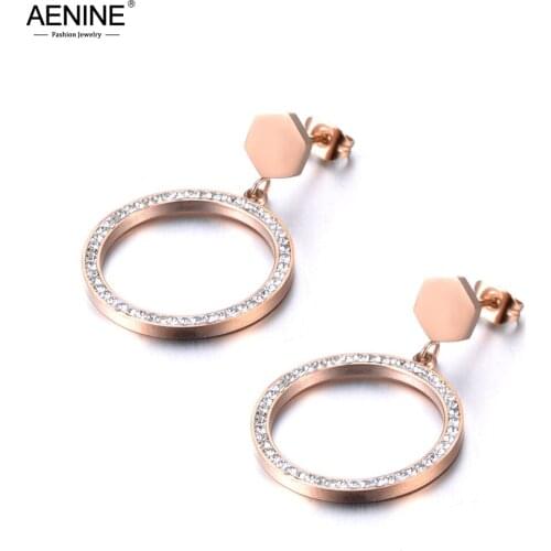 AENINE Trendy Stainless Steel Round Circle Shiny CZ Crystal Stud Earrings For Women Hyperbole Office Earrings Jewelry AE19080