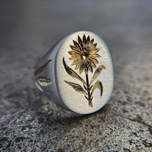 Handmade carved 18K Gold Sunflower Ring Flower Daisy Rings for Women Female Wild Flower Ring Jewelry Accessories SZ5-11