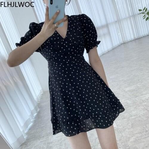 2021 Summer Women Feminine Vestidos Elegant Cute Office Lady V Neck A Line Love Printed Korea Chic Dress