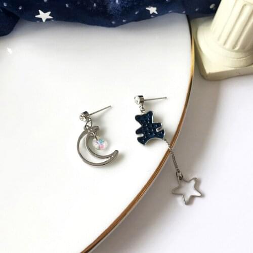 S925 Needle Fun and cute bear asymmetrical dreamy beautiful star and moon long earrings