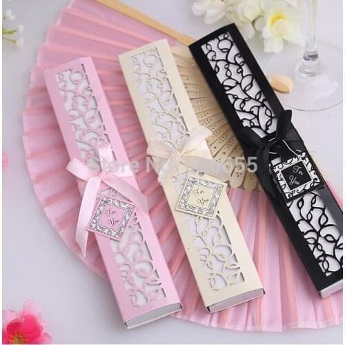 FREE SHIPPING + 100pcs/lot Luxurious Silk Fold hand Fan in Elegant Laser-Cut Gift Box (Black; Ivory) +Party Favors/wedding Gifts