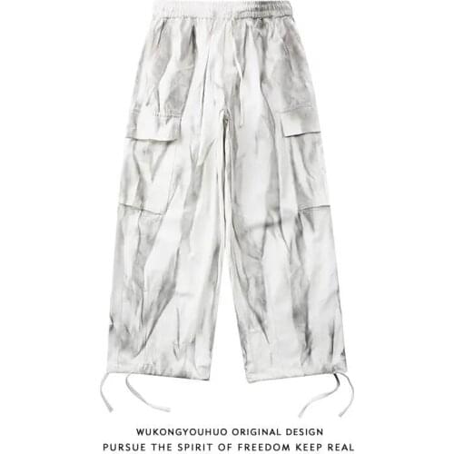 Cargo Pants Men Summer New Japanese Harajuku Tie-Dye Hip-Hop Loose Straight Vintage Wide-Leg Drawstring Trousers Male Streetwear