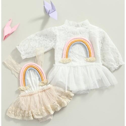 FOCUSNORM Princess Baby Girls Boys Rompers 0-24M Rainbow Printed Lace Flowers Mesh Sleeve Sweet Jumpsuits 2 Style