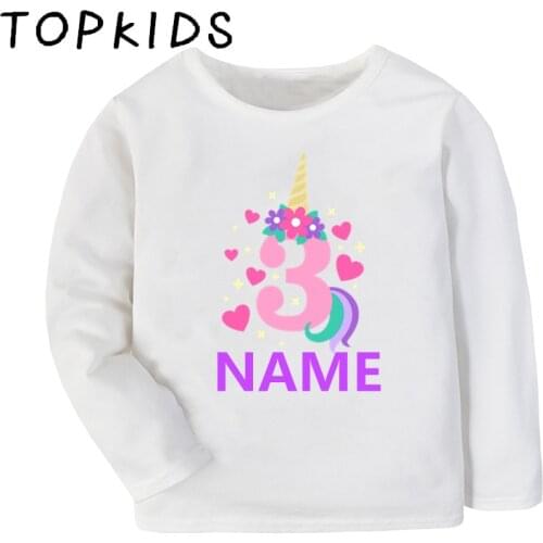 Customized Name Birthday T shirt Cute Unicorn Number Cartoon Girls Clothes Baby Children Tops Kids Long Sleeve T-shirt,LKP5399