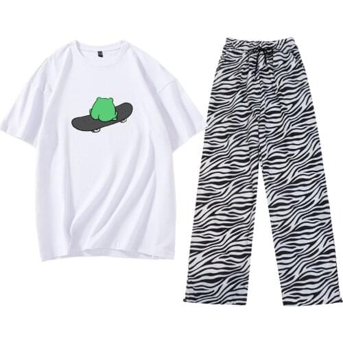 Harajuku Cute Funny Frog on Skateboard T Shirt Cotton Striped Pants Ins All-match Two-piece Suits Girl Aesthetic High Waist Pant
