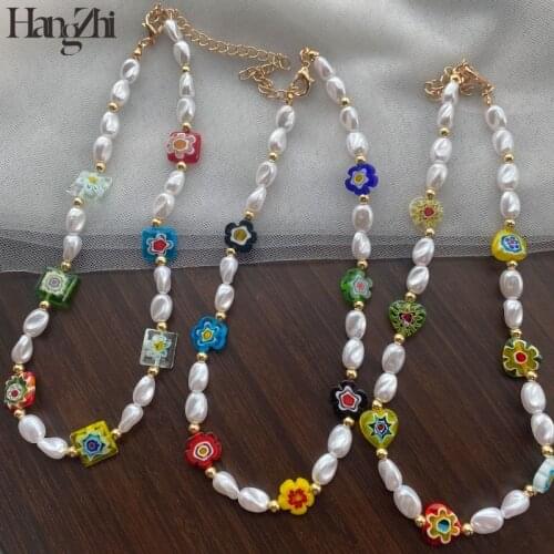 HangZhi 2021 New Colorful Glaze Pearl Daisy Love Heart Square Flower Necklace Geometric for Women Girls Jewelry Gift