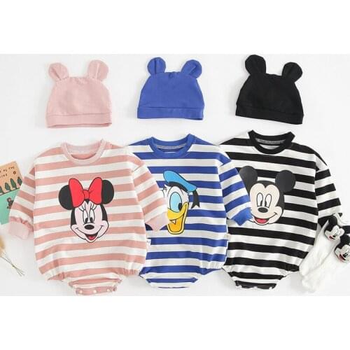 Newborn Baby Boy Girl Long Sleeve Rompers+Hat Set Cute Mickey Minnie Donald Duck Costume Bebes Rompers Infant Clothing Jumpsuit