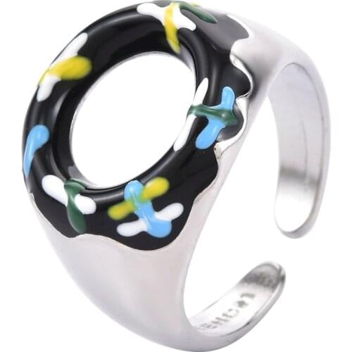 Korean Star with The Same Cute Donut Ring Pundi Ins Fashion Open Punk Creative Geometric Black Ring Wholesale