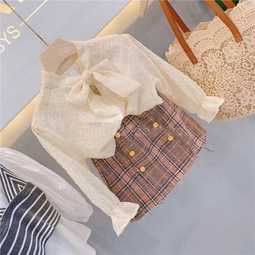 2021vNew Spring and Autumn Girls Bow-tie Princess Shirt Korean Childrens Solid Embroidery Long-sleeved Shirt Toddler Blouse Tee