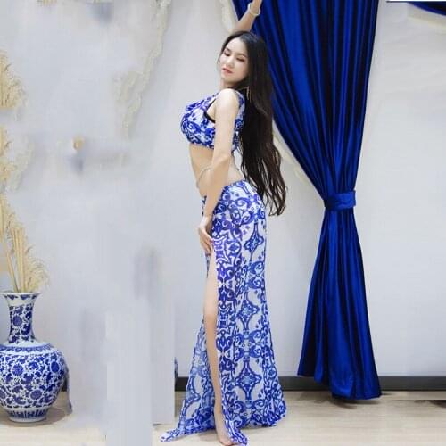New belly dance blue and white porcelain fairy skirt sexy 2pcs oriental dance costumes for beginners belly dance suit
