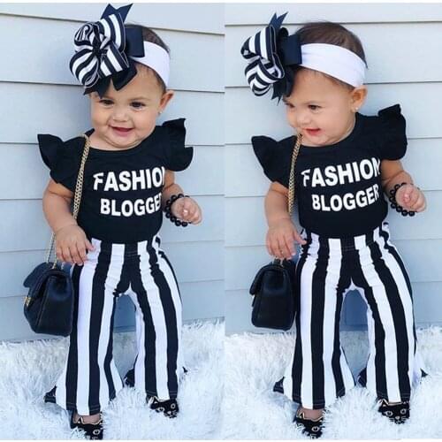 1-6Y Baby Girls 2 pieces clothes set Toddler Summer Casual Short Petal Sleeve Black T-shirts Tops Striped Flare Pants outfits