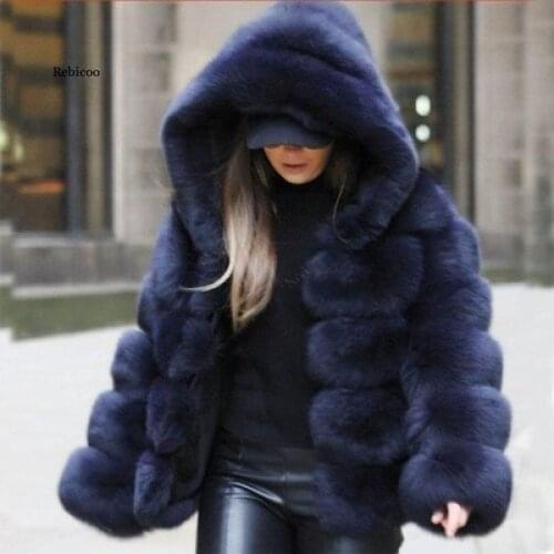 Faux Fox Fur Coat Women Winter Fashion Long Sleeve Artifical Fur Coats Women Thick Warm Hooded Coat Female Faux Fur Jacket