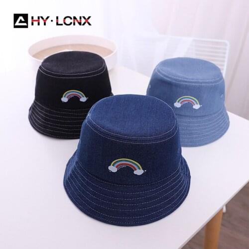 Spring Summer Baby Bucket Hat Fashion Denim Rainbow Embroidery Cap Children Sun Fisherman Hats Boy Girl Soft Brim Panama Caps