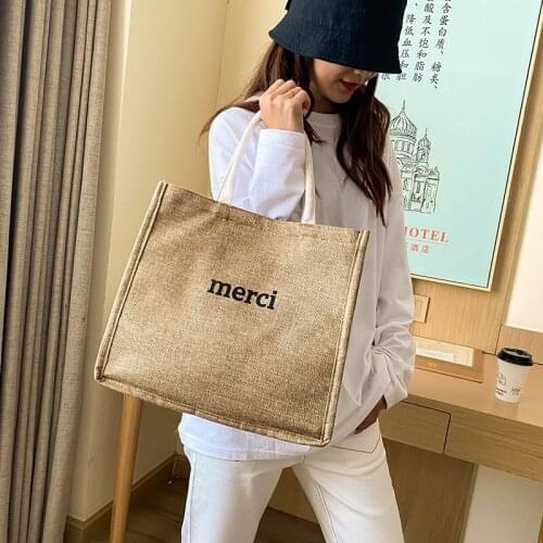 Casual Womens Merci Letter Pattern Tote Bags Solid Colour Cotton Linen Street Handbag Large Capacity Shopping Bag