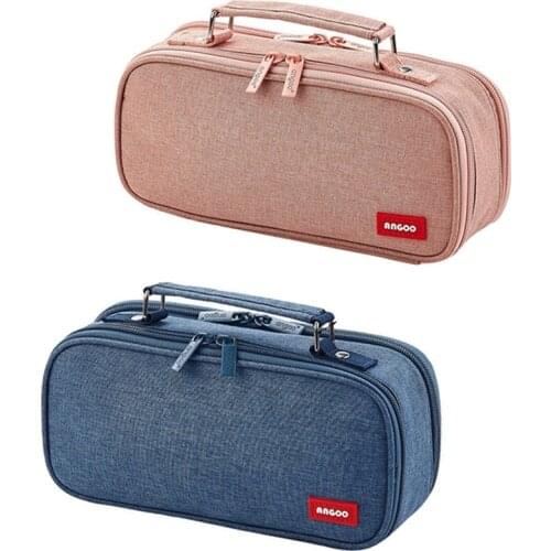 PPYY-ANGOO 2pcs Pencil Case Canvas Double Layer Large Capacity Kawaii School Supplies Makeup Bag Pen Box - Blue & Pink
