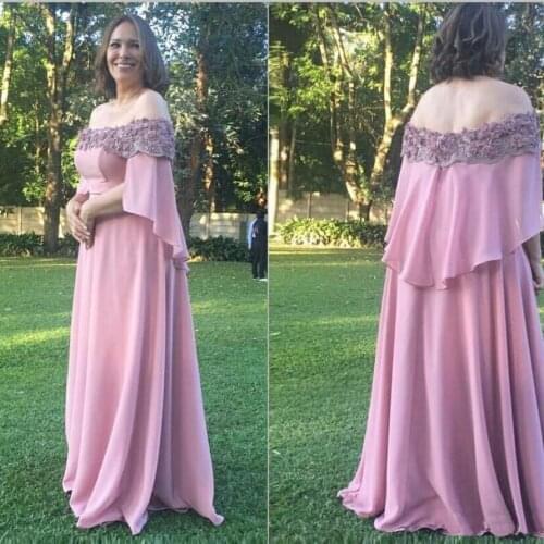 2020 Pink Mother Of The Bride Dresses A-line With Shawls 3D floral Appliques Beaded Chiffon Off The Shoulder Custom Made Dresses