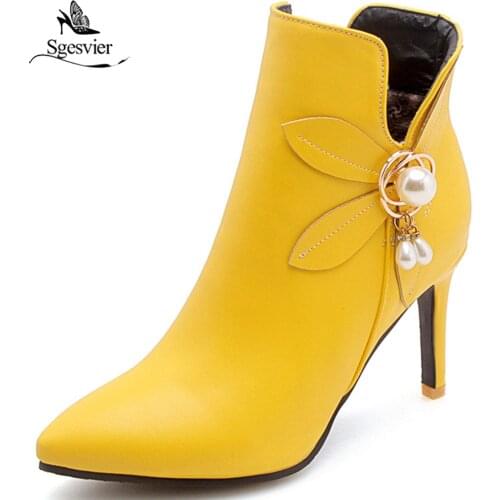 Sgesvier 2018 high quality pu leather boots women pointed toe short plush autumn boots zipper thin high heels ankle boots OX822