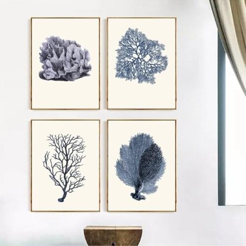 Navy Blue Coral Art Prints Antique Wall Decoration , Vintage Sea Corals Wall Art Prints Canvas Painting Home Nautical Decor