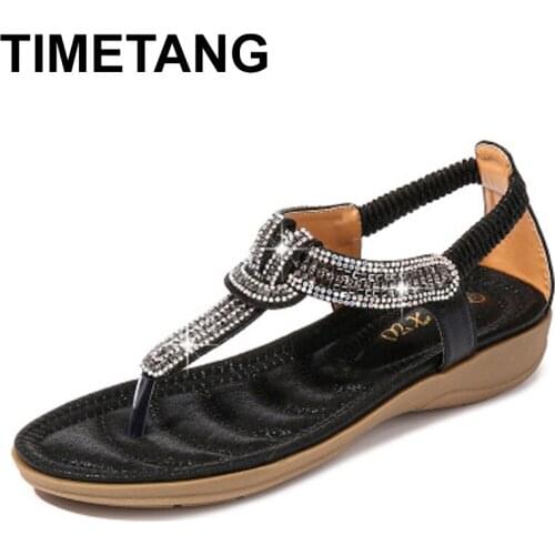 TIMETANGBohemian Style Crystal Wedge Shoes For Women Big Size Gladiator Sandals Lady Soft Leather Comfort Sandalias Mujer