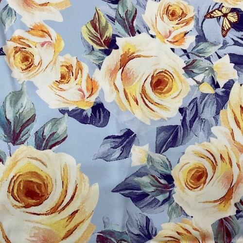Classic yellow rose flower blue 100% polyester fashion satin printed dress skirt handmade diy summer new fabric for sewing meter