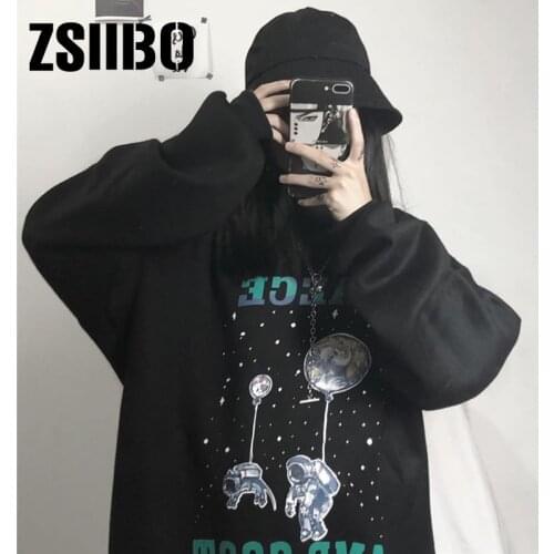 Women Hoodies Casual Kpop Planet Print Solid Loose Drawstring Sweatshirt Long Sleeve Hooded Autumn Female Pullover