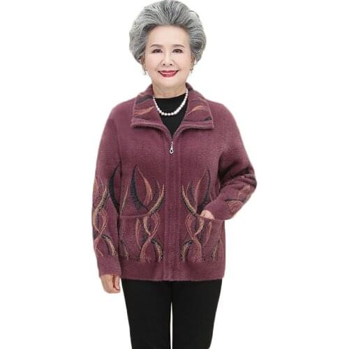 Elderly Womens Winter Jacket High Quality Thick Imitation Mink Cashmere Coat Middle-aged Mother Knit Sweater Cardigan Jacket 91