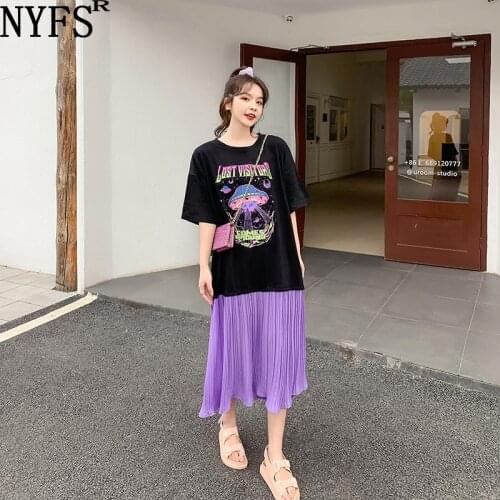 NYFS 2021 Korean New Loose Cartoon print Woman Dress Vestidos Robe Elbise Fashion Patchwork Chiffon Hem Summer Dress