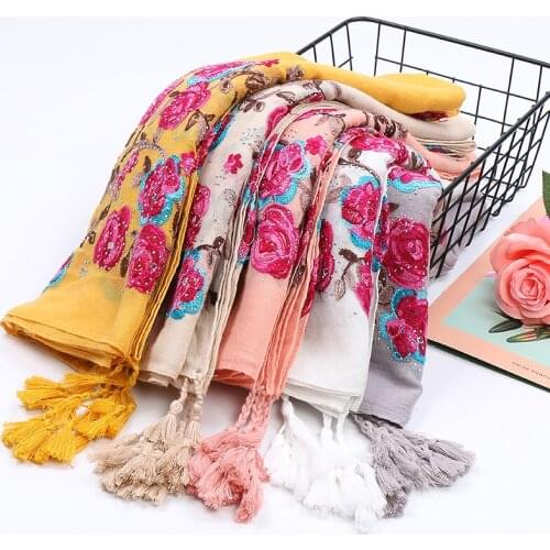 Winter cotton scarf Embroidered shawl plain tassel scarves wram muslim hijab headband india turban wrap 20pcs/lot