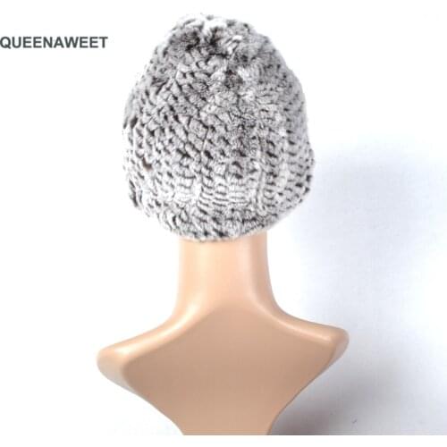 001 Winter fur hat for women real rex rabbit fur hat with fox fur pom poms fur knitted beanies